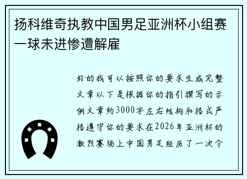 扬科维奇执教中国男足亚洲杯小组赛一球未进惨遭解雇