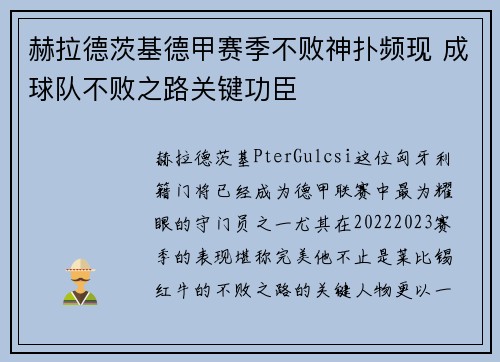 赫拉德茨基德甲赛季不败神扑频现 成球队不败之路关键功臣 赫拉德茨基德甲赛季不败神扑频现 成球队不败之路关键功臣